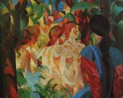 奥古斯特 马克 : Bathing girls with town in the backgraund